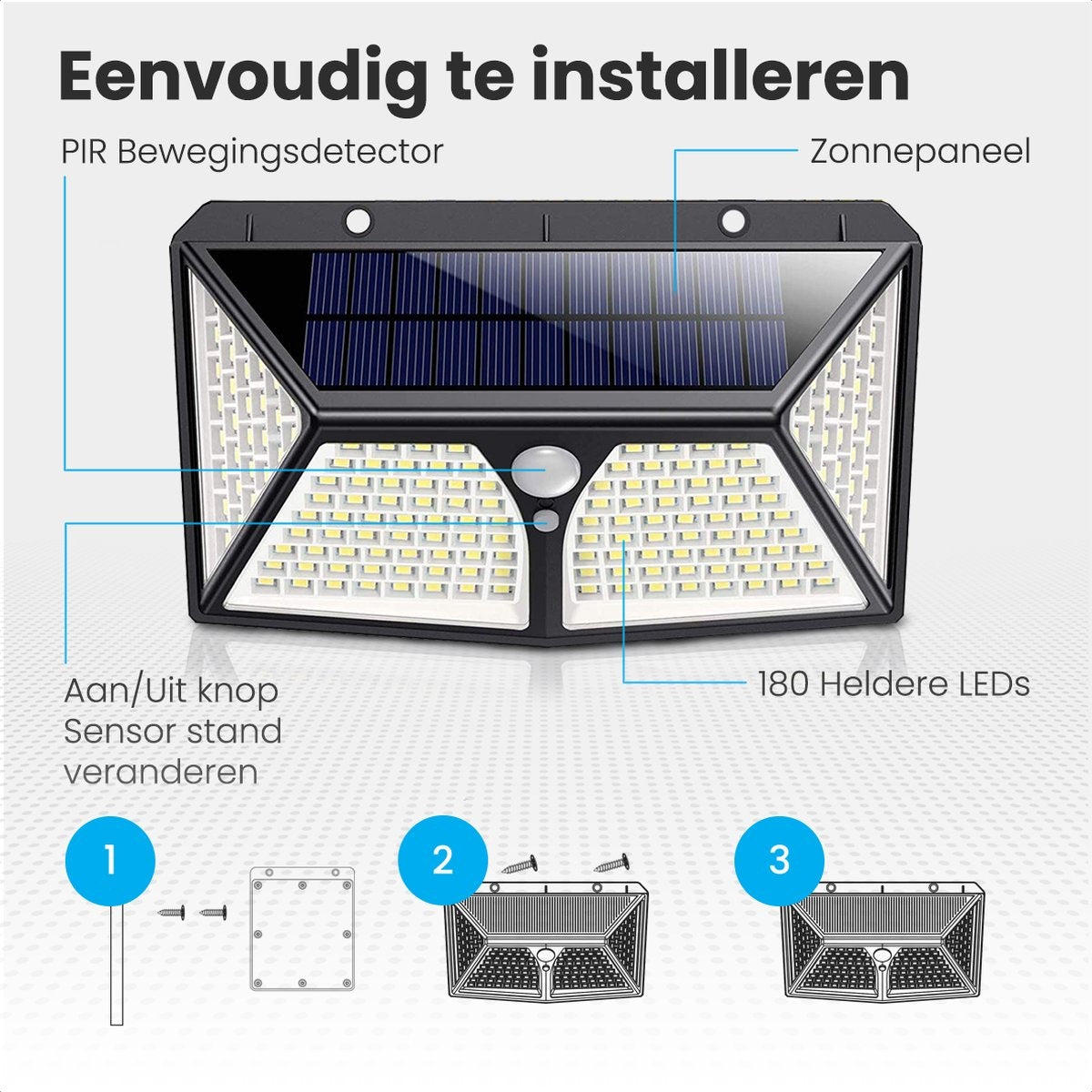 Auronic Solar Außenleuchte mit Bewegungssensor - Wandleuchte mit Sensor - Solar - 180 LEDs - IP65 - Schwarz