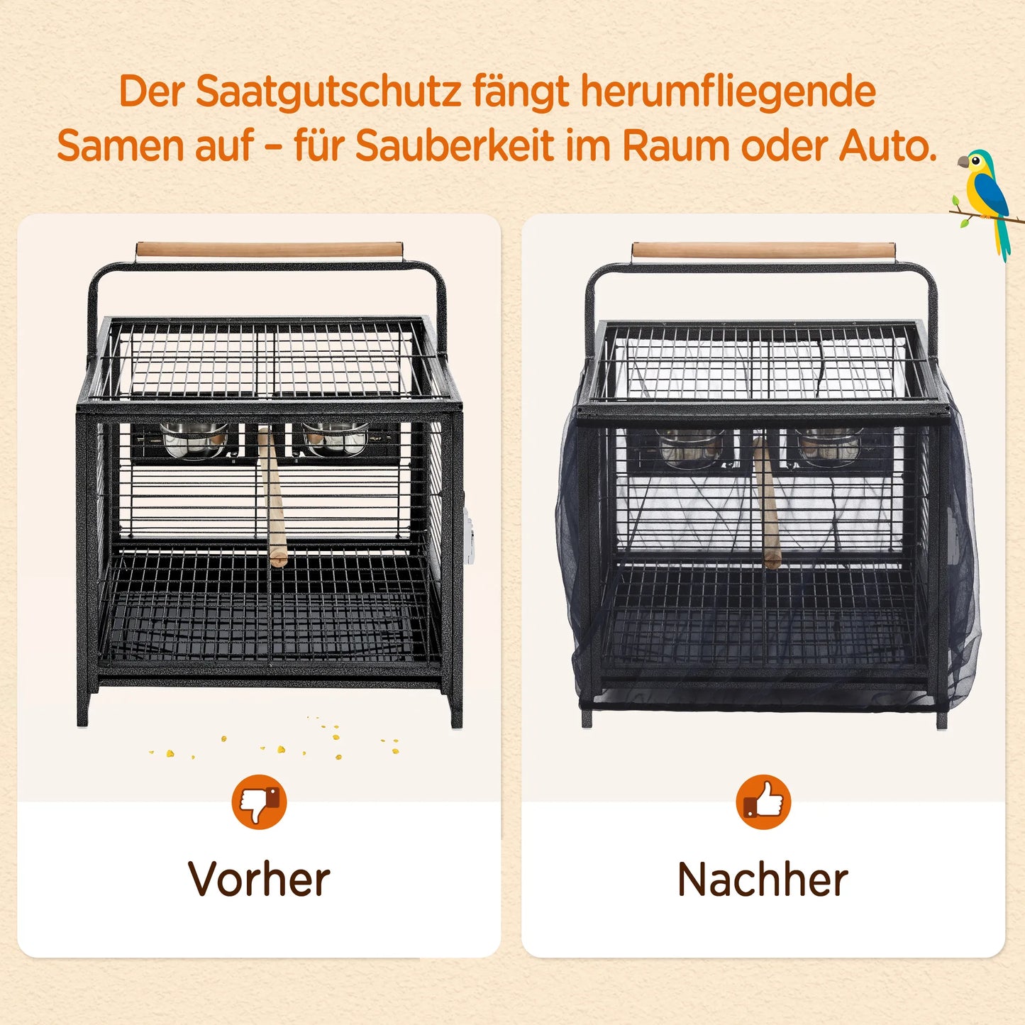 Yaheetech Vogelkäfig mit Griff - mit hölzernen Sitzstangen und wasserabweisende Beschichtung und abschließbare Tür - für Kanarienvögel und Wellensittiche - schwarz Metall Kunststoff und Holz - 48,5 x 39 x 65 cm