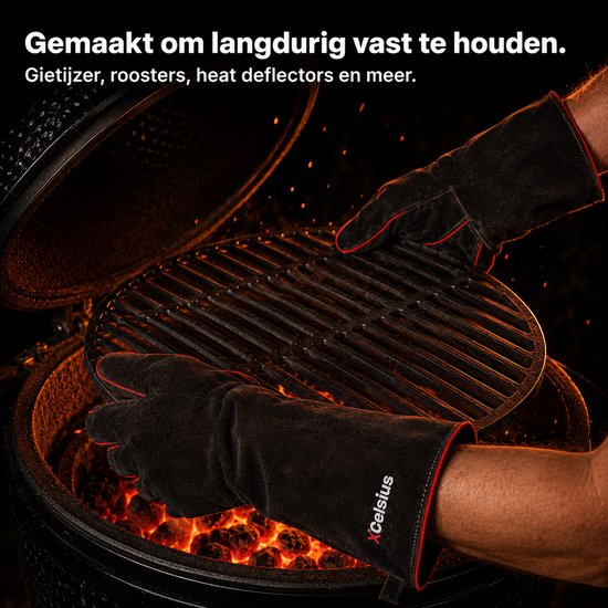 XCelsius® BBQ-Handschuhe aus Spaltleder – TÜV-zertifiziert nach EN 407 – Hitzebeständige Grill- und Ofenhandschuhe – Für Kamado, Gusseisen, Roste und Hitzeschilde – Geschenke für Männer – 1 Paar – Schwarz mit Rot
