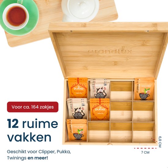 Grandlux Teedose mit 12 Fächern – Geräumige Fächer für Pickwick, Pukka, Twinings, Clipper – 100 % Bambus – Tee-Organizer