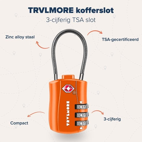 TRVLMORE Kofferschloss - TSA-Reiseschloss - Vorhängeschloss - 3-stellig - 2 Stück - Zahlenschloss - Orange