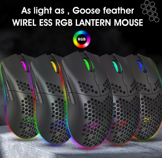HXSJ T66 - Kabellose Gaming-Maus - Computermäuse - Ultraleicht - RGB-Beleuchtung - Schwarz