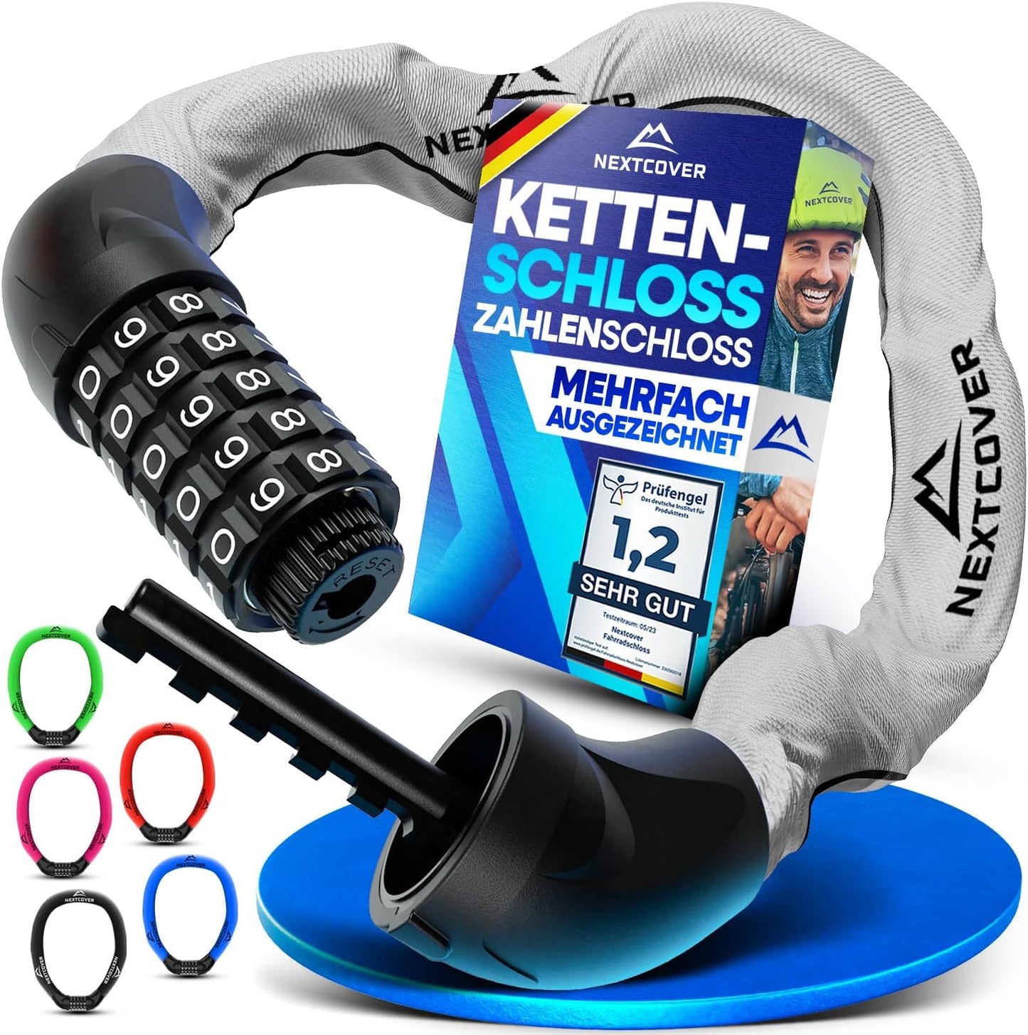 NEXTCOVER® Fahrradschloss LockOne mit Zahlencode I - [SAFESECURE] Zahlenschloss - Sehr robust - 90 cm lang - Reflektierend