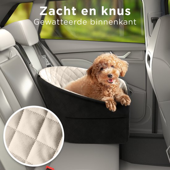CozySense® Hundeautositz - Sicherer Hundekorb für kleine Hunde - Vorder- und Rücksitz - mit Sicherheitsgurt, Staufach und waschbarem Bezug - Schwarz/Beige