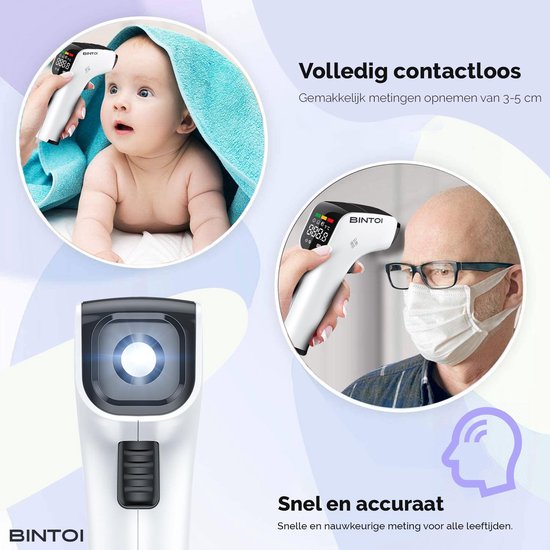 Bintoi® Thermometer Stirn - Temperaturmesser - Körperthermometer - Ohrthermometer - Fieberthermometer für Erwachsene und Babys - Sofortige Messung in 1 Sekunde - Einfaches Ablesen im Dunkeln - Inklusive Batterien.