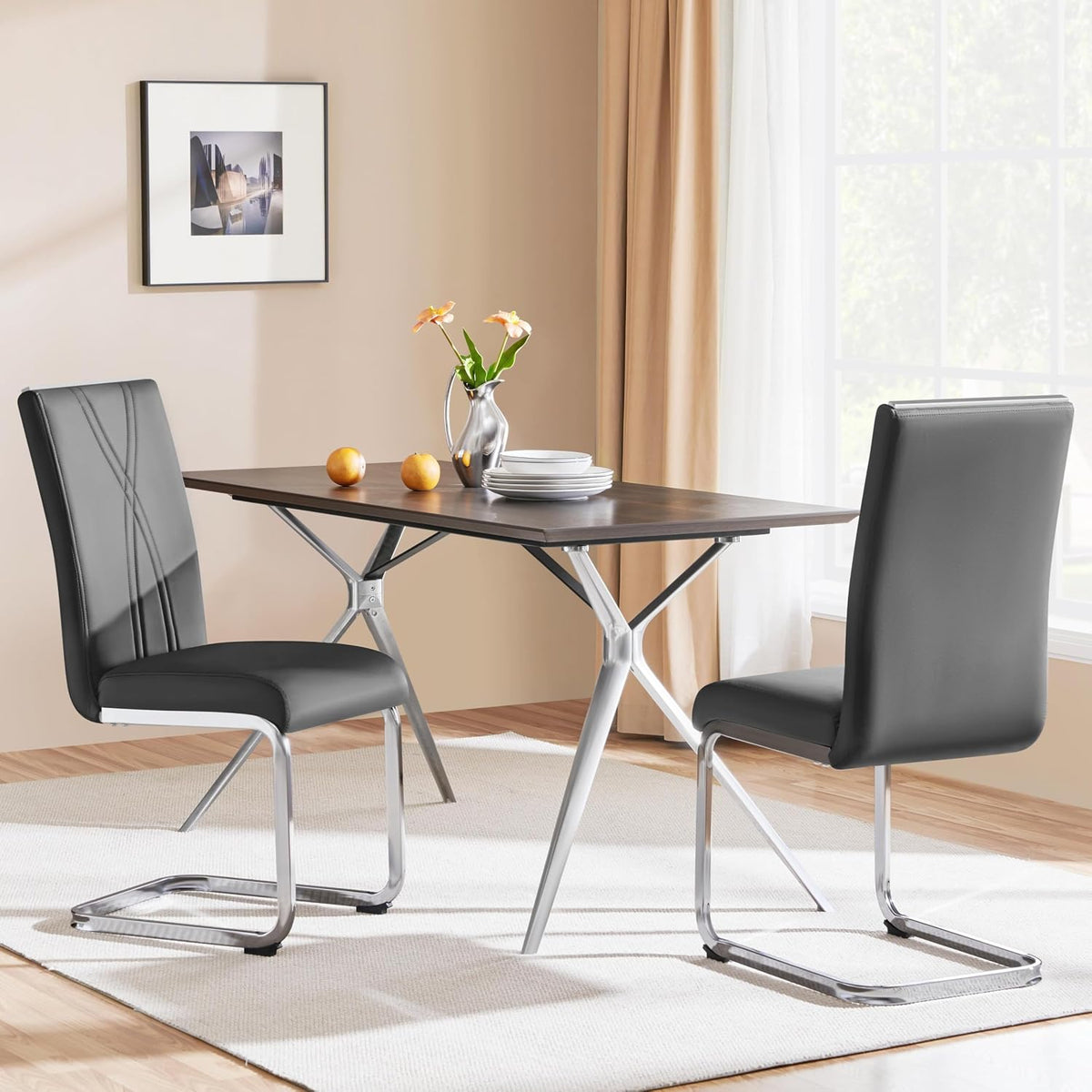 Yaheetech Esszimmerstühle, 2er-Set – Dunkelgrau – Kunstleder – 136 kg – Ergonomische Rückenlehne – U-förmiges Metallgestell