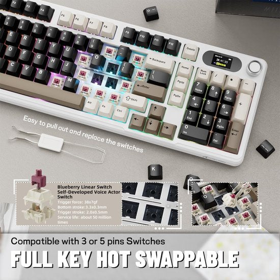 ATTACK SHARK X98 – Kabellose mechanische Gaming-Tastatur – TFT-Display – Multifunktions-Drehregler – PBT-Tastenkappen – Tri-Mode (kabelgebunden/2,4 GHz/Bluetooth) – Gasket-Mod – 98 Tasten – Cheese White