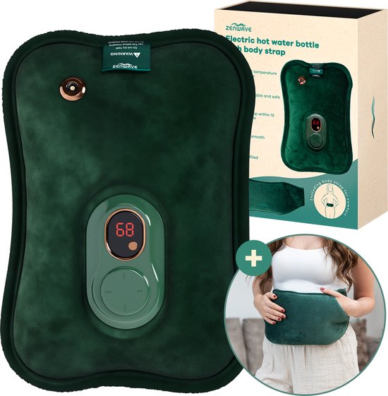 Zenwave Elektrische Wärmflasche mit Hülle – Digitalanzeige – Wärmflasche & Wasserflasche mit Handwärmern – Wiederaufladbares Wärmekissen – Menstruations-Wärmeband – Langlebig & kabellos – Camping & Outdoor – Wärmflasche, grün
