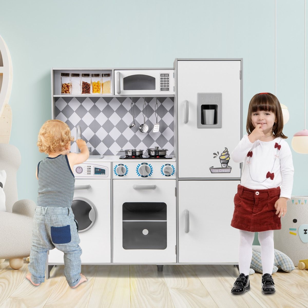 coast Spielküche für Kinder - Weiß - 91×30×102 cm - mit Eismaschine, Herd mit Licht & Sound, Waschmaschine, Backofen & Mikrowelle