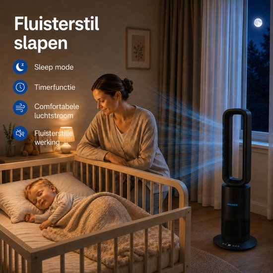 Aironex Kabelloser Ventilator Schwarz – Energieeffizienter Luftkühler – Luftkühler mit Schwenkfunktion – Heizen und Kühlen in einem – Ventilatoren – Tischventilator – Standventilator