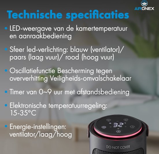 Elektrische Heizung 2000 Watt von Aironex - Keramischer Schwarzer Heizlüfter - Elektrische Heizung - Elektrische Heizung - Heizgerät - Heizlüfter mit Fernbedienung und Timerfunktion