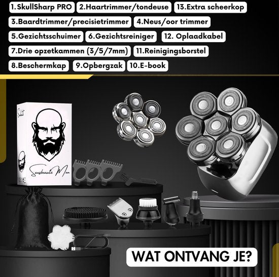 Sansbeauté® - SkullSharp PRO – 6-in-1 Herrenrasierer für Gesicht & Kopf – Kabellos, Nass/Trocken, inkl. Extra-Scherkopf & Aufsätze
