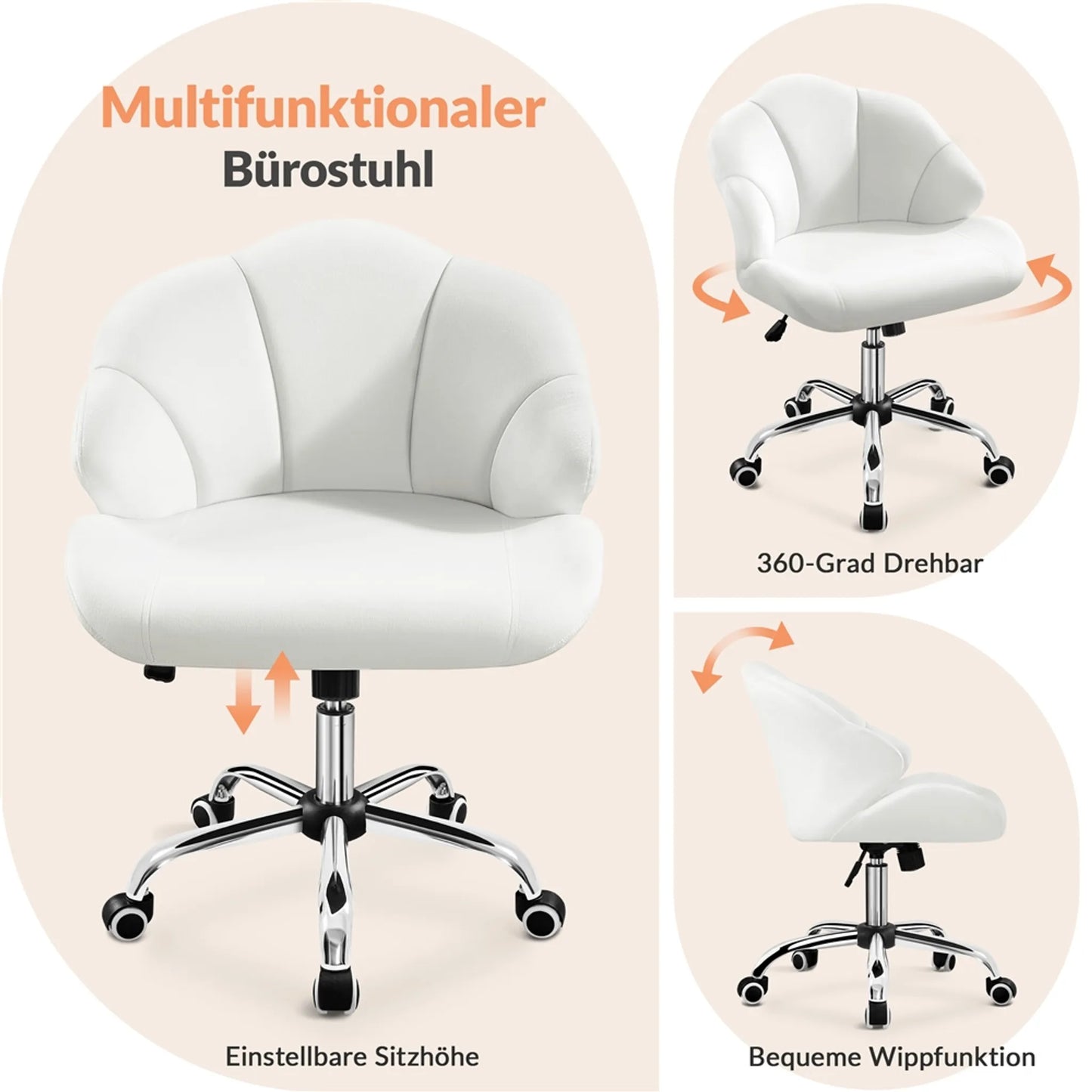 Yaheetech Bürostuhl Shell-Shaped - Features Swing-Funktion und höhenverstellbare Gaslift und gepolsterte Rückenlehne - für Home-Office und Schlafzimmer - Weiß Polyester und Metall - 60 x 60 x 76,5-86 cm
