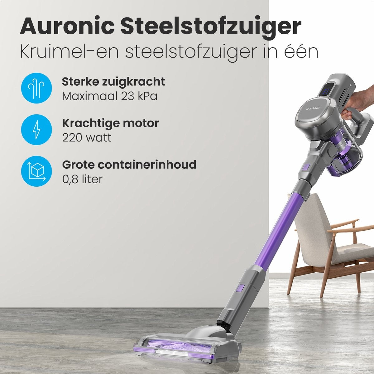 Auronic Stick Staubsauger - Kabellos - Beutellos - Akkubetrieben - Freistehend - 220 W - Grau/Violett
