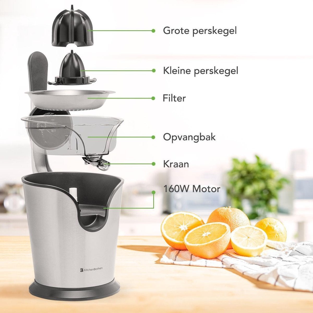 KitchenBrothers Elektrische Zitruspresse - Orangen- und Zitronenpresse - 160W - Edelstahl - Schwarz