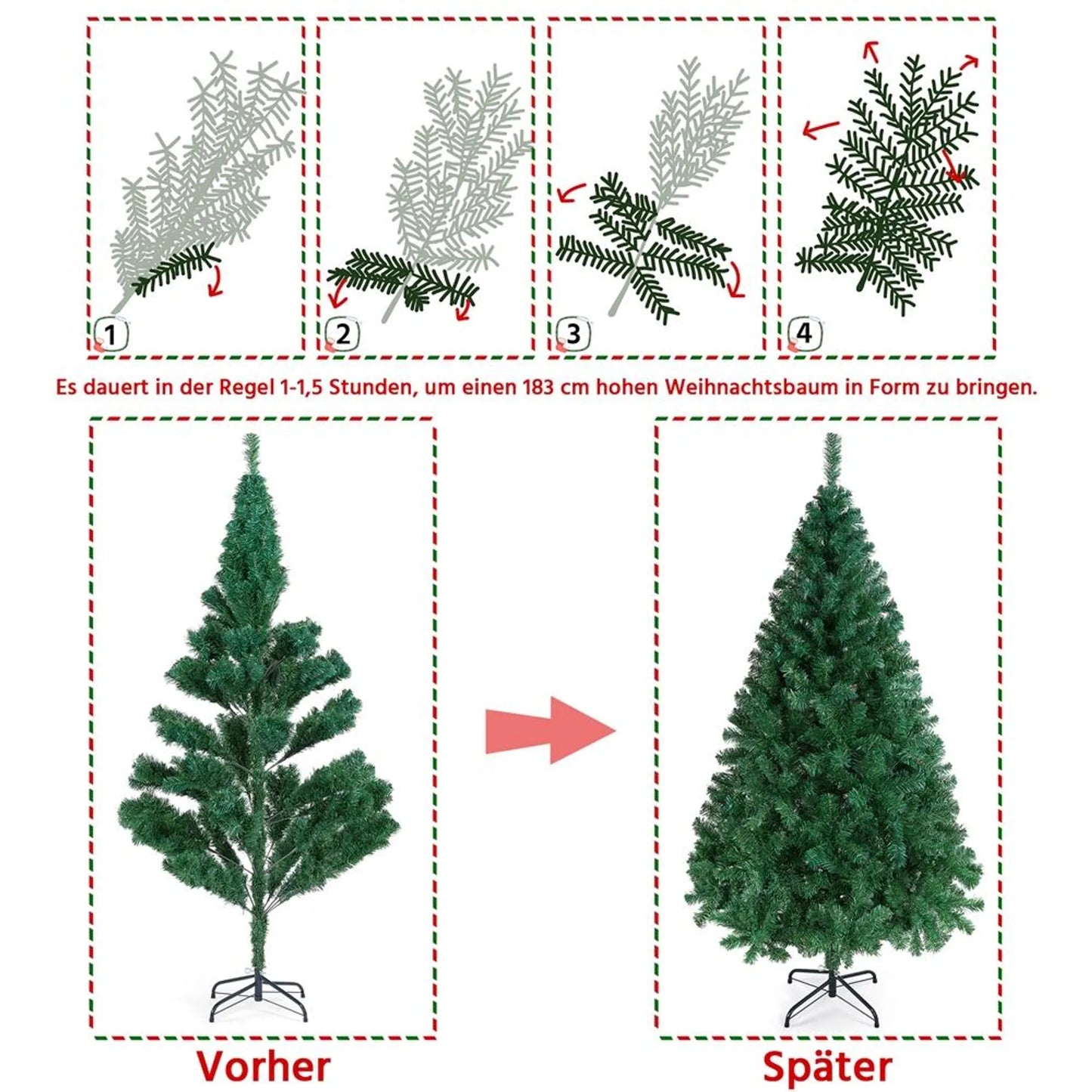 Yaheetech Künstlicher Weihnachtsbaum Fichte - 183 x 110 x 110 cm - Mit 598 Zweigen und klappbarem Metallsockel und schützenden Gummikappen - Für Wohnzimmer und Urlaub - Grünes PVC und Metall