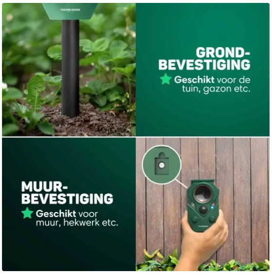 Vulpes Goods® - Katzenvertreiber Premium - 5 x 9 x 14 cm - Mit 5 Arbeitsmodi und PIR-Sensor und LED-Blitzlicht und Solarenergie - Für Garten und Balkon - Grüner Kunststoff