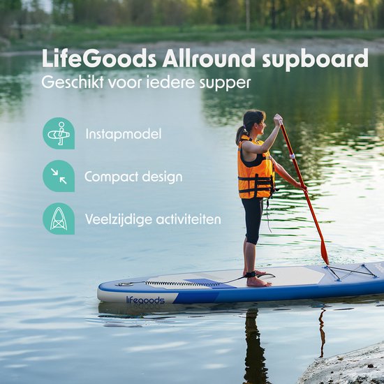 LifeGoods SUP Board All-round Compact - 100 KG Belastbarkeit - Aufblasbar - Komplettes SUP Paket - Blau