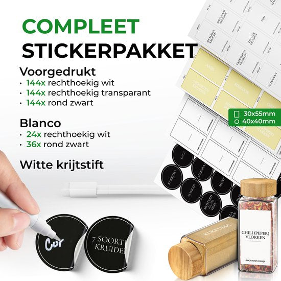 Soothe 36 Glasgewürzdosen quadratisch mit Bambusdeckel - 2 Arten von Streudeckeln - Gewürzstreuer - Gewürzdosen - Komplettset inkl. Gewürzsticker, Kreidestift und Zubehör - 120ml