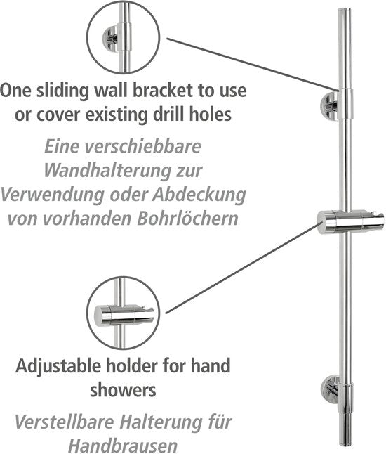 WENKO Duschstange Basic aus Edelstahl, verchromt, Länge 66 cm, Durchmesser 19 mm, mit Duschkopfhalter und 2 Wandhaltern – Duschstange, verchromt
