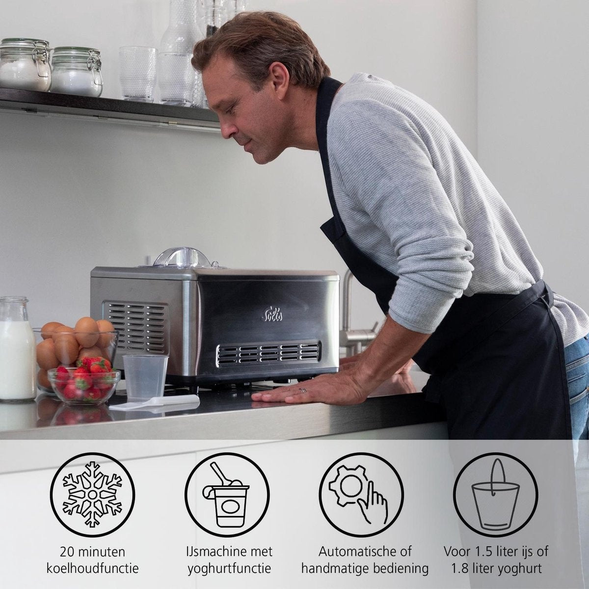 Solis Gelateria Pro Touch Eismaschine - Selbstgefrierend - Für Eis & Joghurt - Edelstahl - Silber