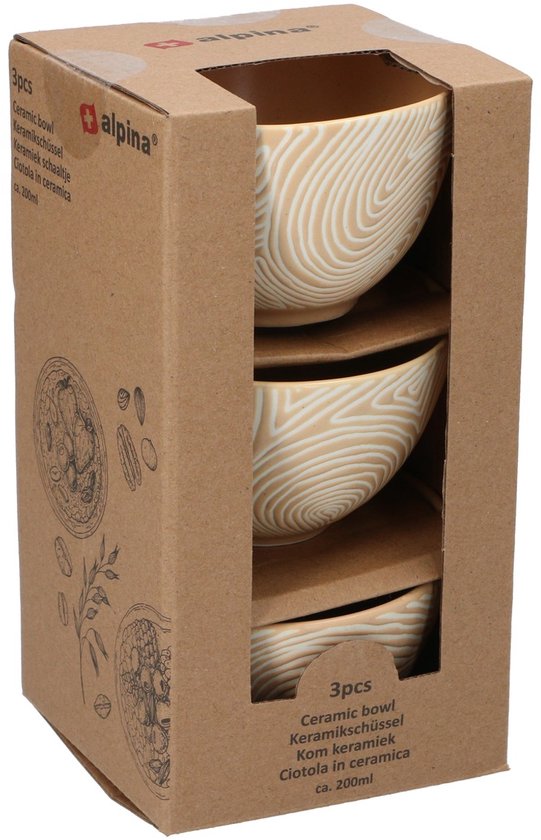 alpina Ceramic Bowl 3-teilig – Set mit 3 Keramik-Häppchenbechern – Fassungsvermögen 0,2 Liter pro Stück – rund – ideal für Frühstück, Snacks oder Desserts – 10,5 x 10,5 x 19,5 cm – Hellbraun – 2 Jahre Garantie