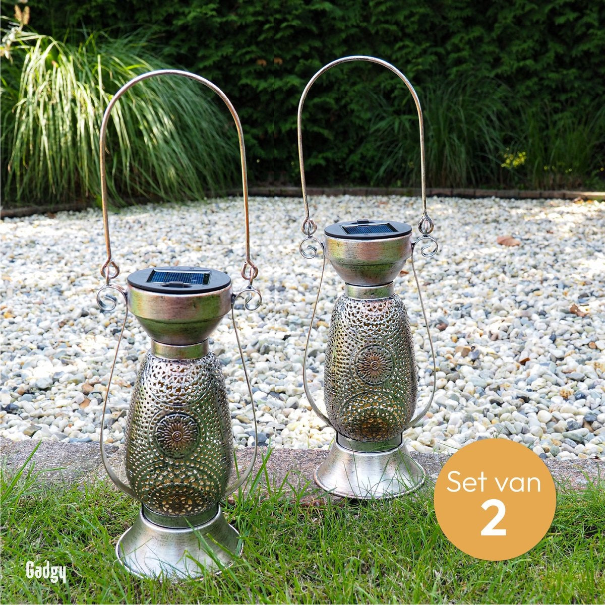 Gadgy Solar-Tischlampe Petroleum - 2er-Set aus Metall - Solar-Gartenleuchte - Led-Außenleuchte mit Tag/Nacht-Sensor - Tischleuchte - Hängelampe - Gartenlaterne - 21 x Ã˜11,5 cm
