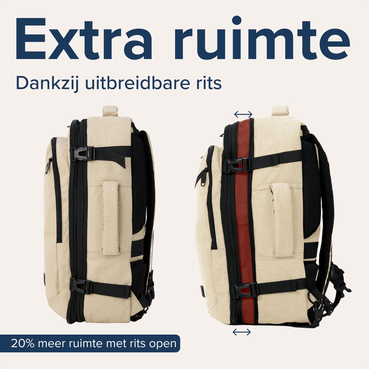 TRVLMORE 40L Reisetasche Rucksack – Handgepäck – 49 x 34 x 13 cm – Beige