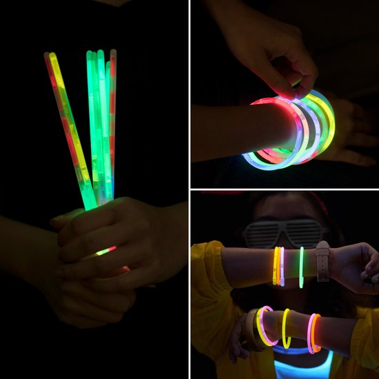 Partizzle 300 Stück Glow in the Dark Sticks - Extra Thick - Incl. Glowsticks Connectors - Breaking Sticks - Neon Karneval Party Artikel - Geburtstag Neujahr Party Dekorationen - 7 Farben