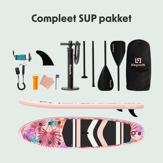 LifeGoods PaddlePro SUP Board - Aufblasbares Paddle Board - Komplettset - Max. 150KG - 320x81cm - Tropisches Rosa