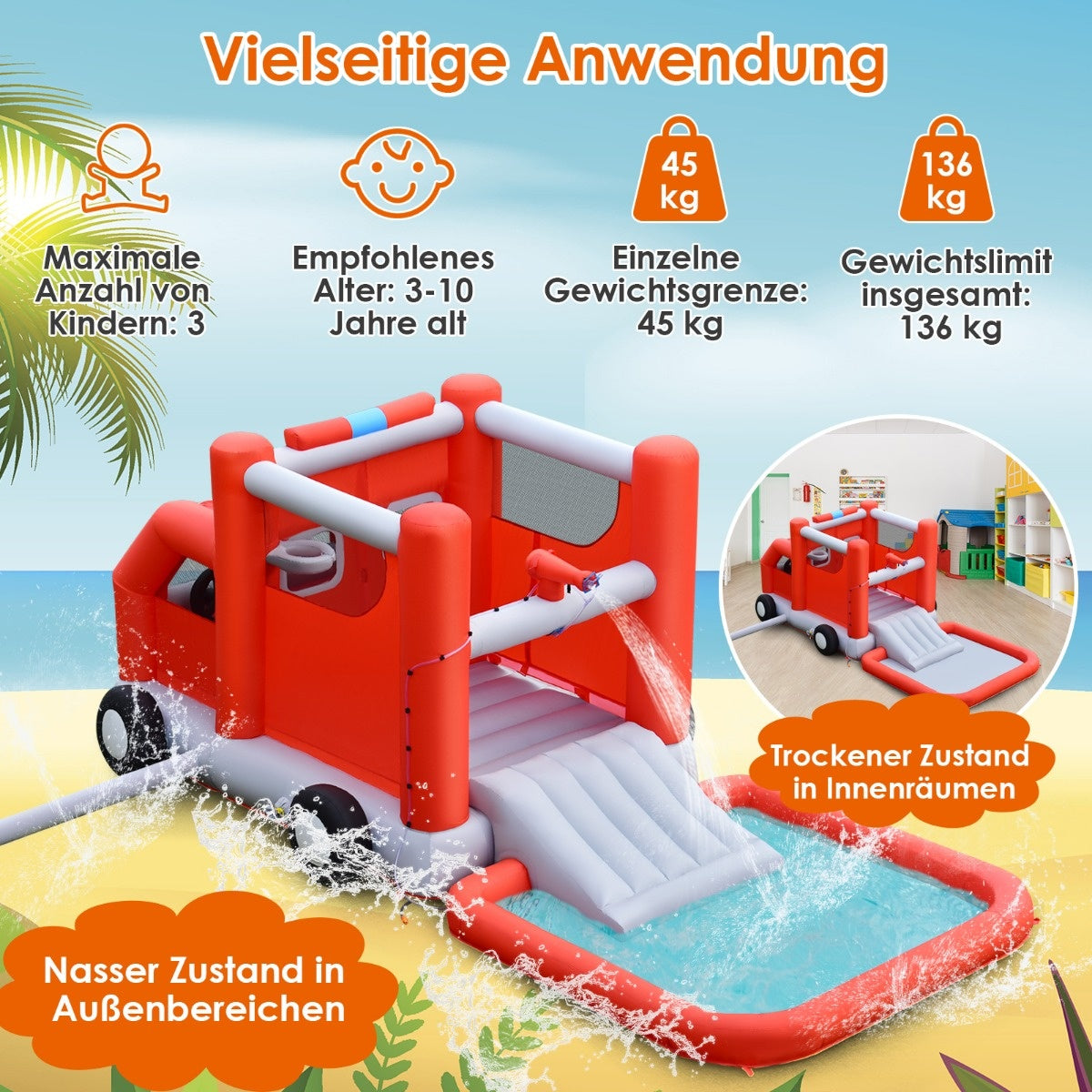 Coast Kinderwasserrutsche im Feuerwehrstil mit Planschbecken 564 x 268 x 212 cm