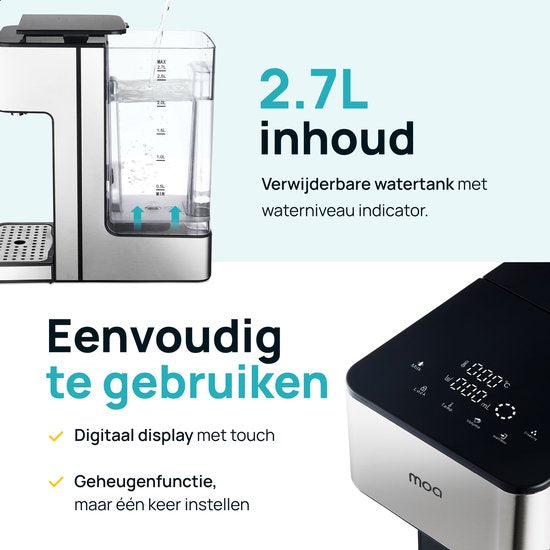 MOA Heißwasserspender 2.7L mit Temperaturkontrolle - 45-100°C - Heißwasserhahn - Milchfunktion - Instant-Wasserkocher - BPA-frei - Edelstahl - Silber
