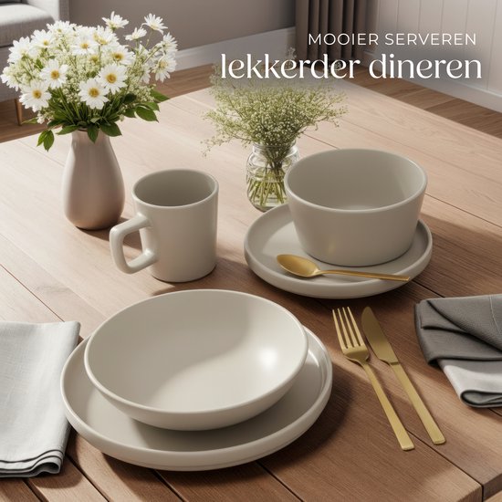 tectake® Geschirrset Una - 30-teilig - Steingut - 6 Personen - Stilvolles und langlebiges Geschirr - Geschirrset mit großen und kleinen Tellern, Schalen, Schüsseln - Tassen - Taupe