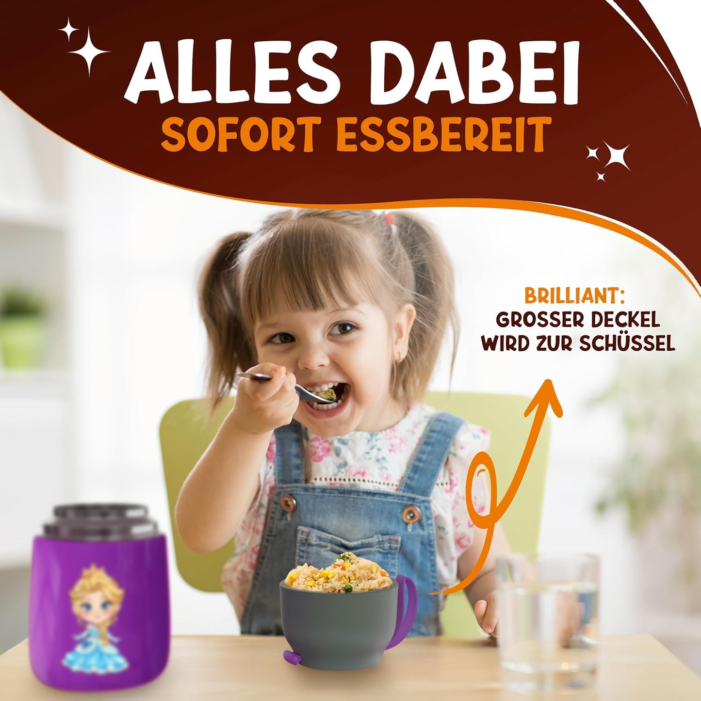 Funkelfuchs® Babykost Thermobecher - 500ml, lila Prinzessin - 100% auslaufsicher - Edelstahl Thermobecher - Thermobecher - Thermolunchbox - Babynahrung