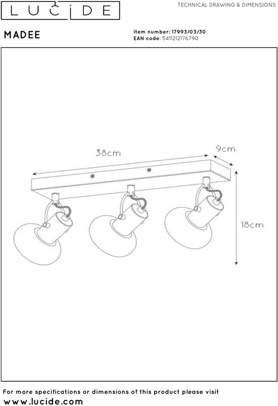 Lucide MADEE – Deckenstrahler (Deckenleuchte) – 3xE14 – Schwarz