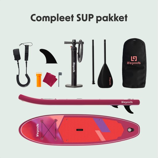 LifeGoods SUP Board All-round Compact - 100 KG Belastbarkeit - 300 x 76 cm - Aufblasbar - Komplettes SUP Paket - Rot/Lila