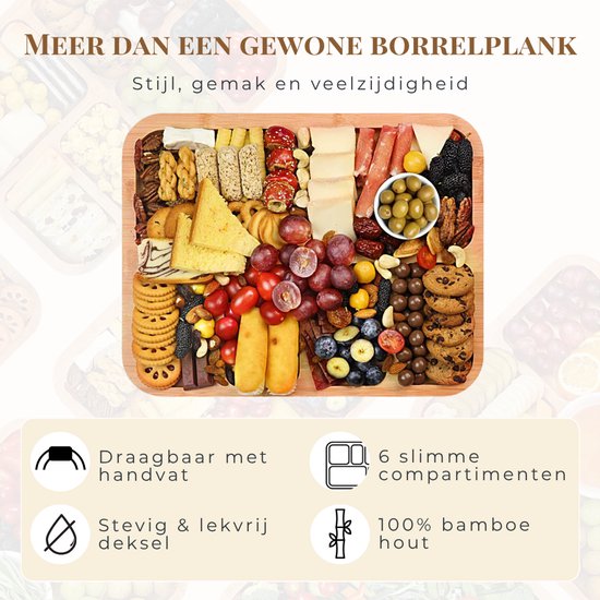Latium Snackbrett aus Bambusholz inklusive Deckel mit Griff – Luxuriöses Tapas-Brett – Servierbrett – Inklusive kostenlosem E-Book – Weihnachtsgeschenk für Frauen oder Männer