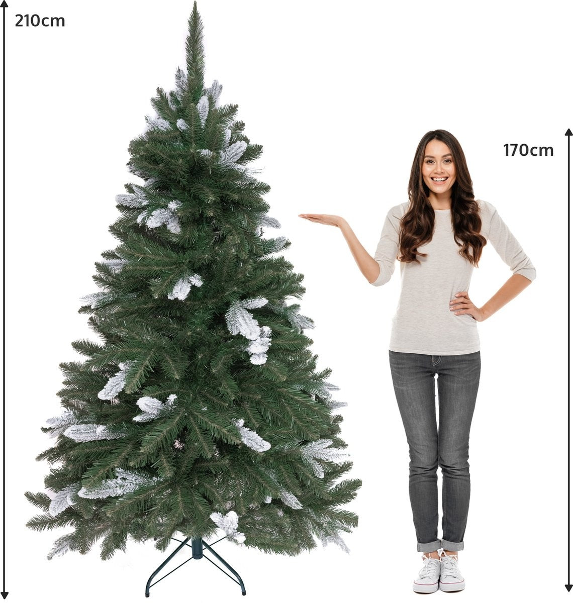 PristinePine Full Künstlicher Weihnachtsbaum mit Schnee 210cm - Stabiler Weihnachtsbaum - Metallsockel - Schnell aufzustellen