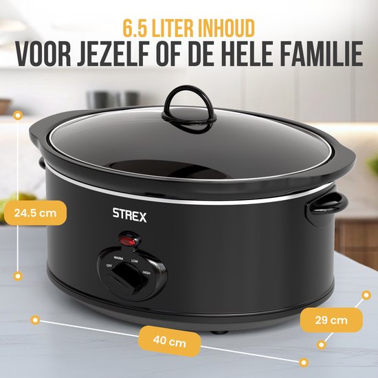 Strex Slowcooker 6.5L - Herausnehmbarer Keramik-Innenbehälter - Warmhaltefunktion - Slow Cooker - Schwarz