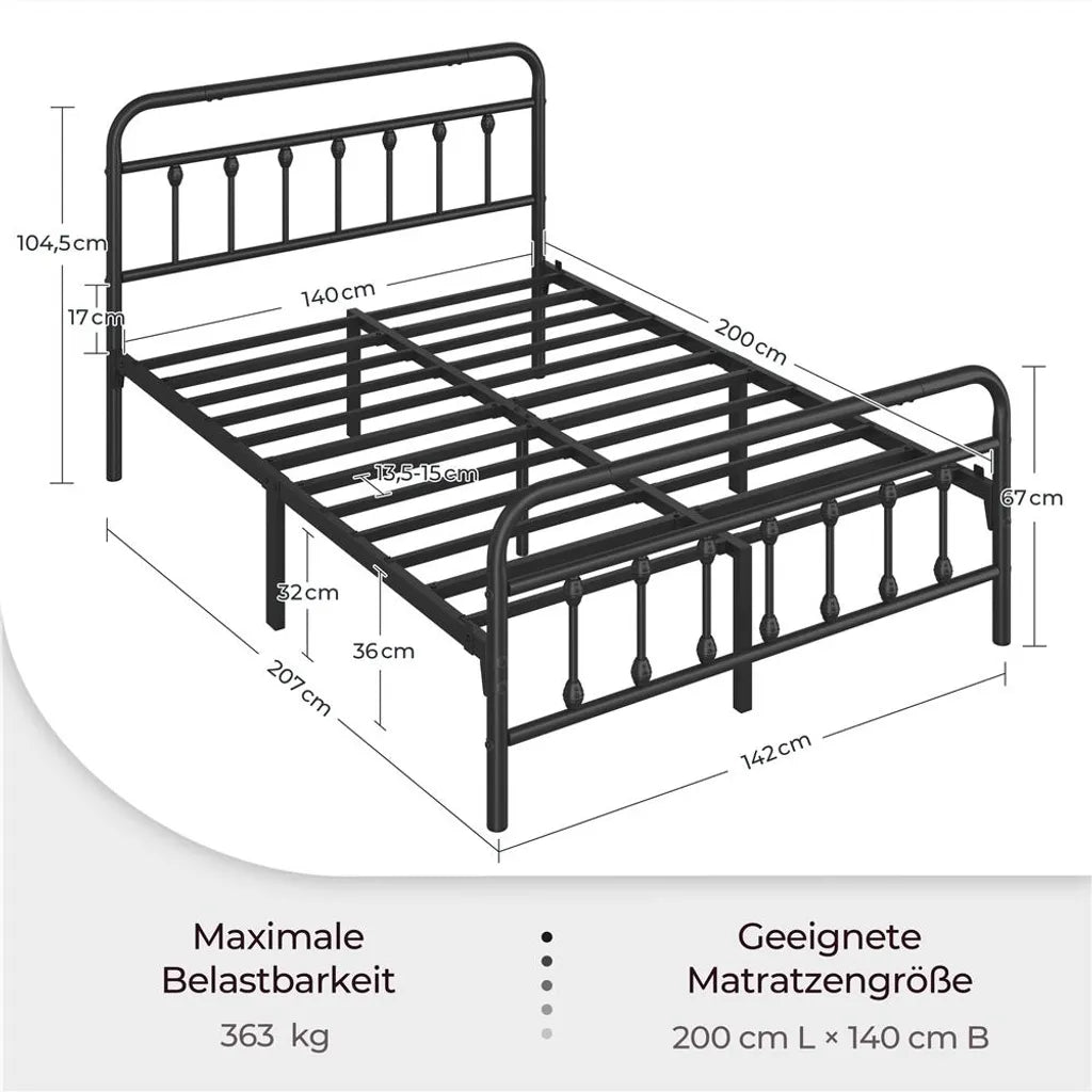 Yaheetech Metallbettgestell – Lattenrost – 140 x 200 cm – 32,5 cm Stauraum – Schwarz