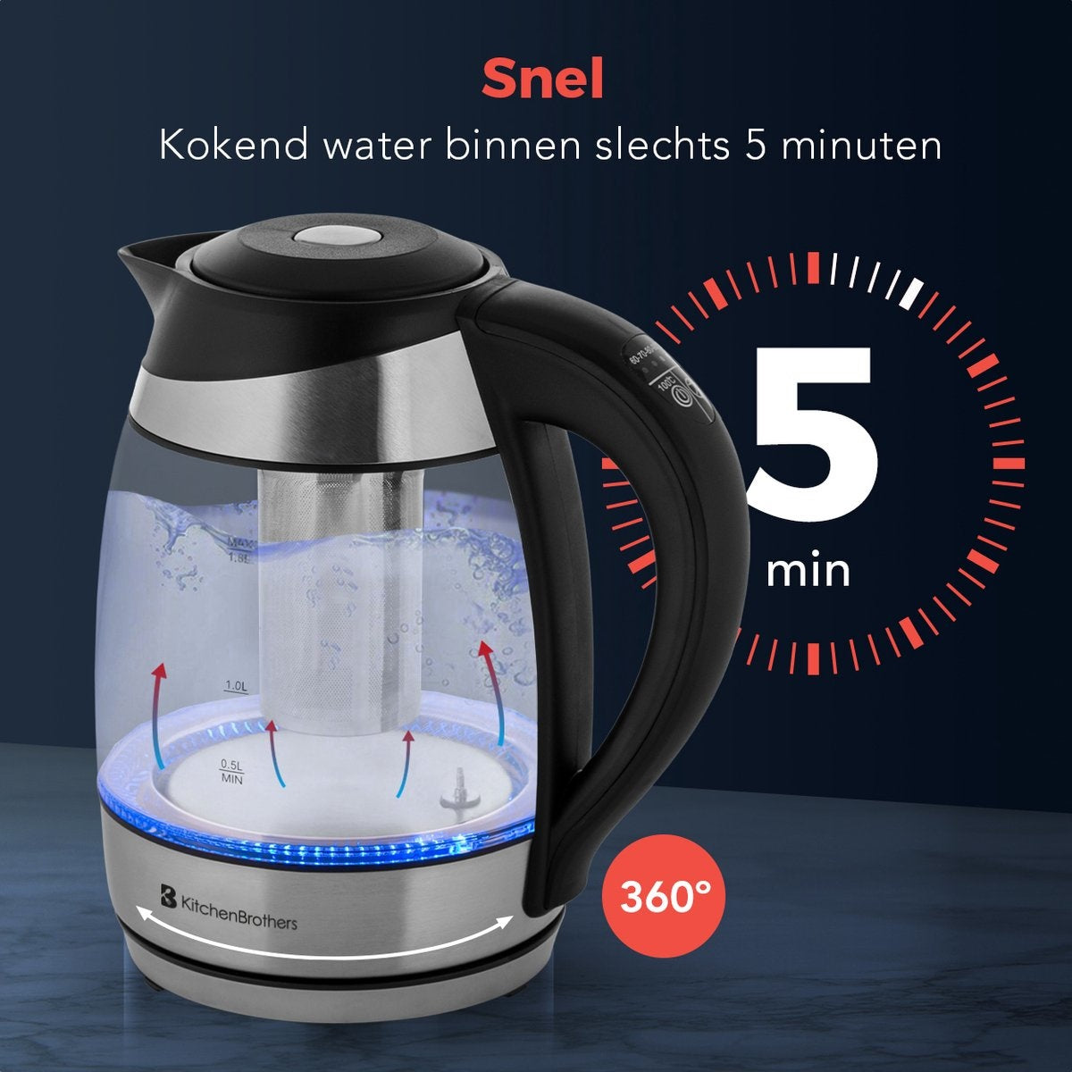 KitchenBrothers Elektrischer Wasserkocher - 1,8L - Temperaturregelung - Warmhaltefunktion - mit Teefilter - 2200W - 1,8L - Glas - Edelstahl