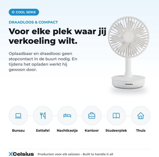 XCelsius® Kabelloser Tischventilator – Ventilator für Schreibtisch, Tisch und Arbeitsplatz – Über USB-C aufladbar – 4 Geschwindigkeitsstufen – Schwenkmodus – Neigbar – Während des Ladevorgangs nutzbar – Weiß