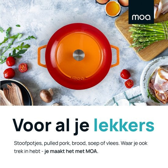 MOA Gusseisen-Kasserolle - Fassungsvermögen 5,7 Liter - 26CM - Rund - Alle Wärmequellen - Auch für Induktion - Gewicht 5,8 kg - Orange Rot - C26OR