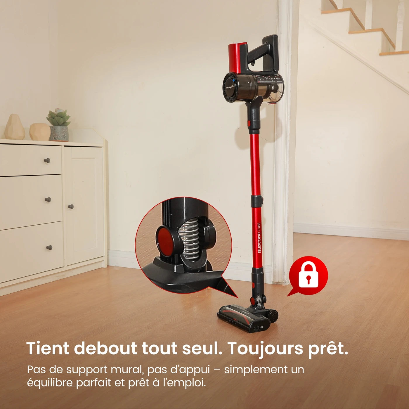 MonsgaClean M100 Akku-Staubsauger – Rot – 55.000 Pa – 45 Min. – 1,8 l – Touchscreen – Anti-Verfilzungsfunktion – Grüne LED