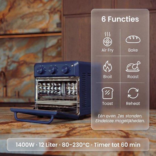 Safecourt 6-in-1 Airfyer Ofen - 100% PFAS-frei - 6 Programme - 80 bis 230 Grad - Airfryer, Backen, Braten, Toasten, Grillen & Aufwärmen - Blau