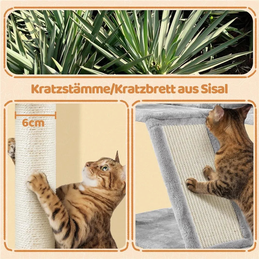 Yaheetech Kratzbaum 146 cm – mit 2 Katzenhöhlen – 3 Aussichtsplattformen – hellgrau