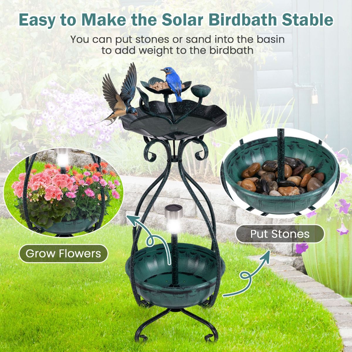 Coast Vogeltränke mit Solarpanel – Vogelfutterspender und Blumentopf – dekorative Lotusblüte und Blätter – grün