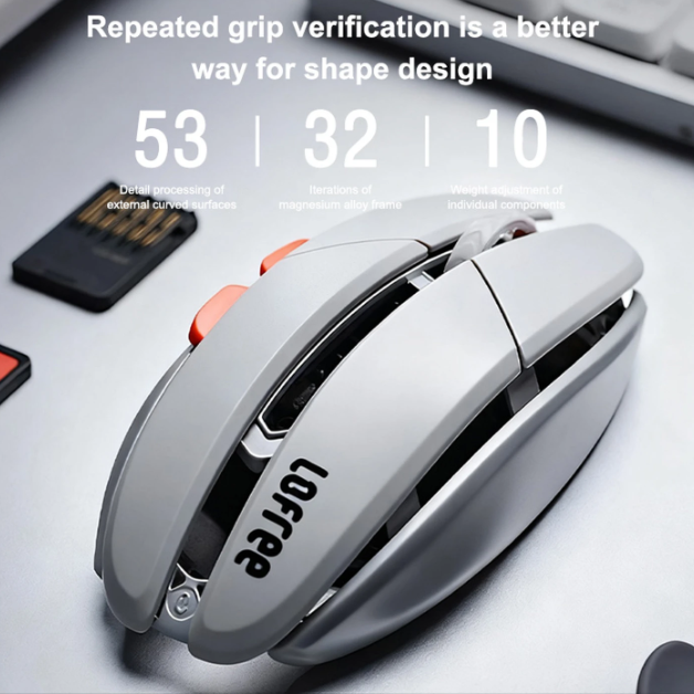 Lofree Hypace Bluetooth-Maus – Rahmen aus Magnesiumlegierung + PC-Gehäuse, Tri-Mode-Verbindung (Bluetooth / 2,4 GHz / kabelgebunden), PAW3950-Lasersensor, Hellgrau, OE923