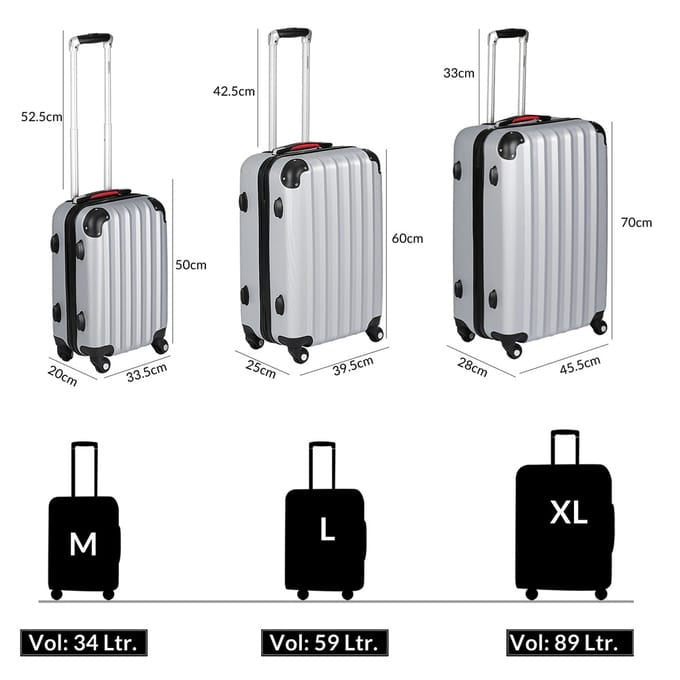 Monzana 3-teilige Kofferset - Hartschalenkoffern - Strapazierfähig und leicht - M/L/XL - Silber