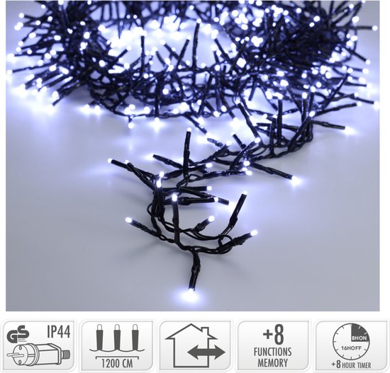 Maxi Cluster Weihnachtsbeleuchtung - 800 led - 12m - (Eis) weiß - Timer - Lichtfunktionen -Outdoor-Indoor Memory
